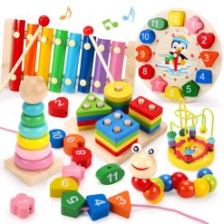 6-in-1 Montessori Wooden Educational Toy Set – Shape Sorter, Xylophone, Clock, Bead Maze & More