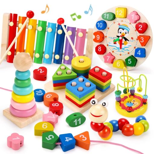 6-in-1 Montessori Wooden Educational Toy Set – Shape Sorter, Xylophone, Clock, Bead Maze & More