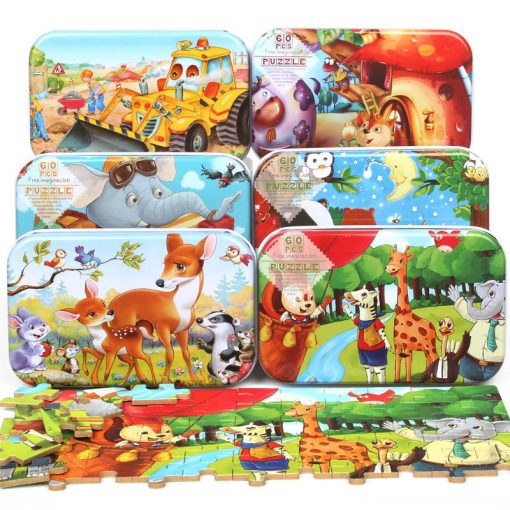 Wooden 60-Piece Cartoon Animal Jigsaw Puzzle in Iron Box – Educational Toy for Kids - Image 4