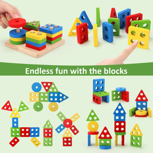 Colorful Geometric Blocks – Montessori Wooden Educational Stacking Toy for Kids - Image 3