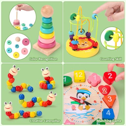 6-in-1 Montessori Wooden Educational Toy Set – Shape Sorter, Xylophone, Clock, Bead Maze & More - Image 2