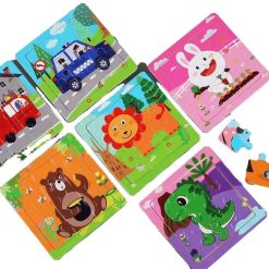 Wooden 9-Piece Cartoon Dinosaur & Animal Car Puzzle – Educational Jigsaw for Kids
