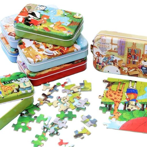 Wooden 60-Piece Cartoon Animal Jigsaw Puzzle in Iron Box – Educational Toy for Kids