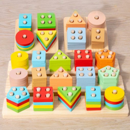 Colorful Geometric Blocks – Montessori Wooden Educational Stacking Toy for Kids - Image 4
