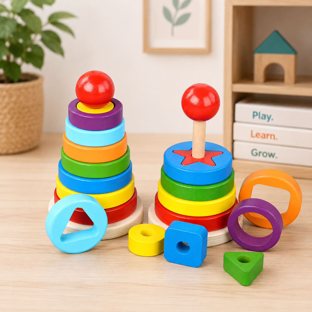 Rainbow Ring Stacking Tower – Montessori Wooden Shape Sorter (18M+) - Image 2