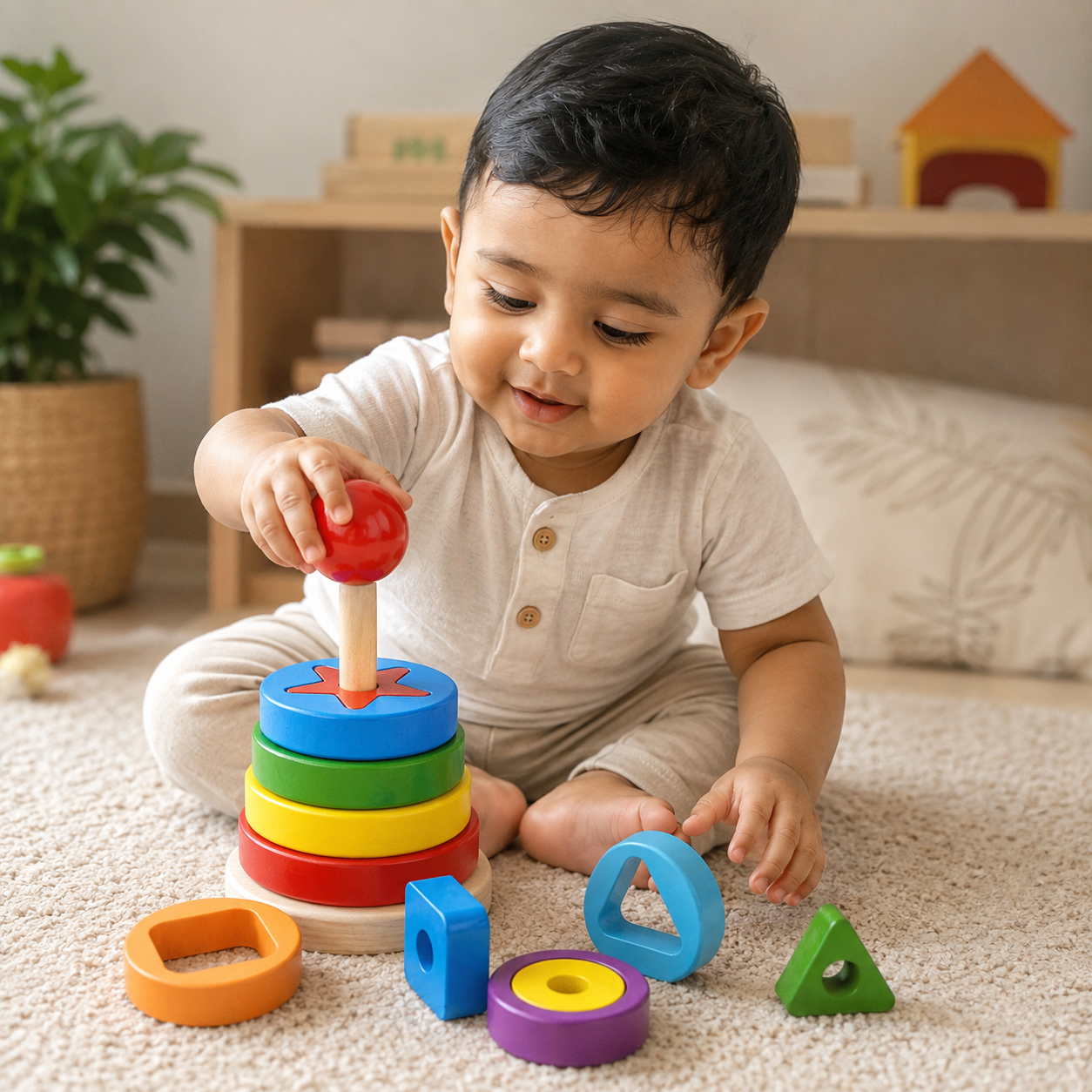 Rainbow Ring Stacking Tower – Montessori Wooden Shape Sorter (18M+) - Image 3