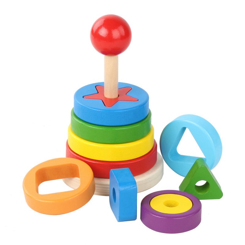 Rainbow Ring Stacking Tower – Montessori Wooden Shape Sorter (18M+)